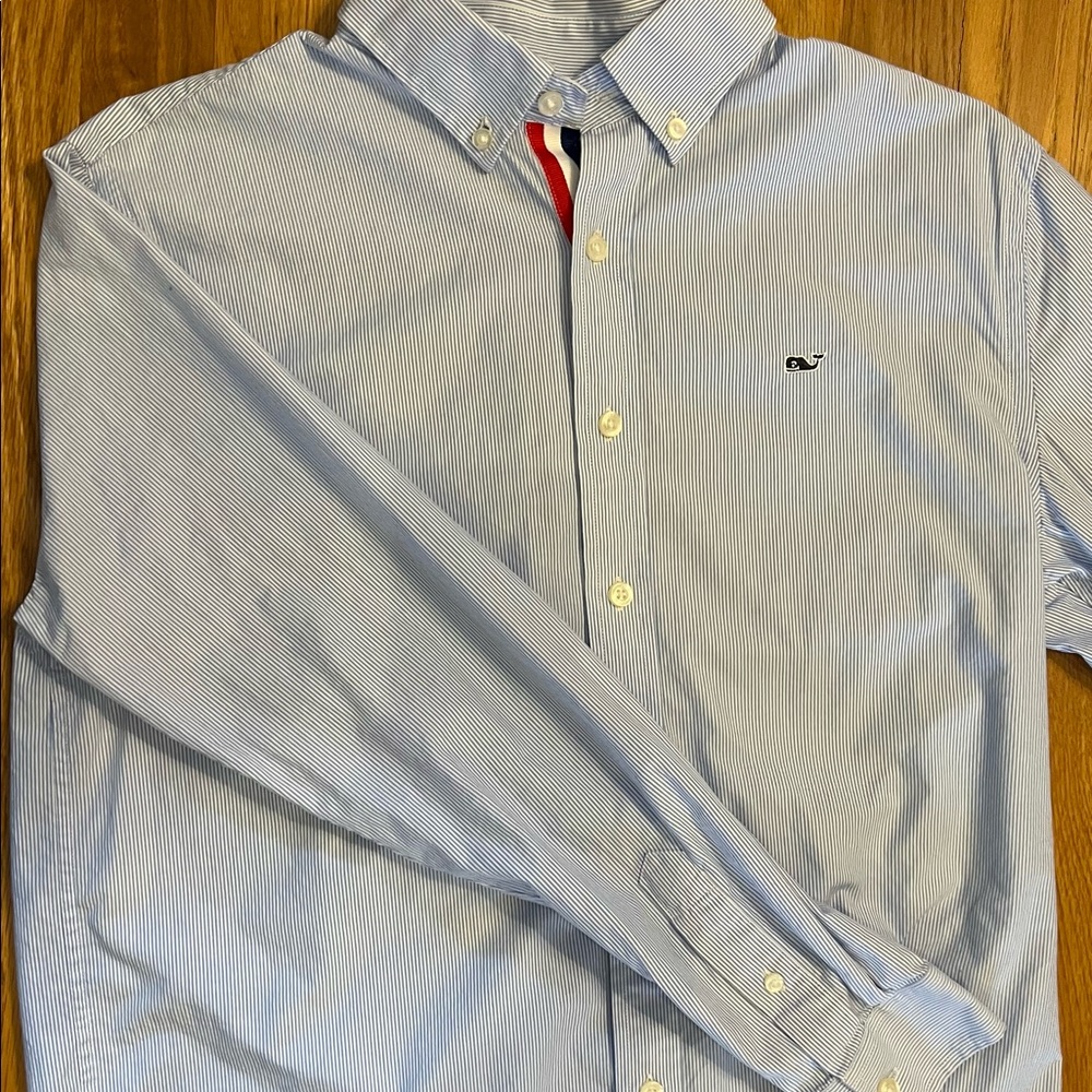 Vineyard Vines blue striped dress shirt, whale shirt, Boy’s XL